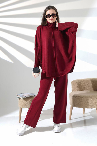 bacc Women's burgundy turtleneck oversized sweater and fitted pant set - knitwear top and bottom set bces-252033