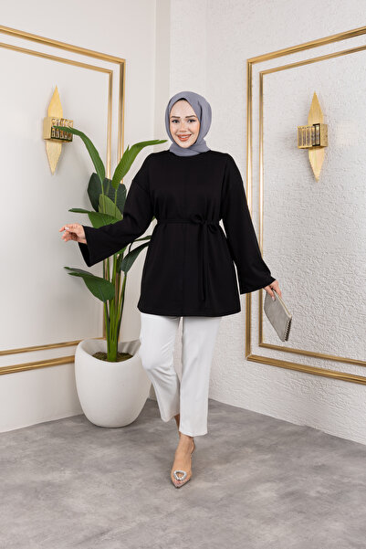 Eliva Kadın Siyah Belden Bağlamalı Kuşaklı Modal Örme Kumaş Tesettür Tunik