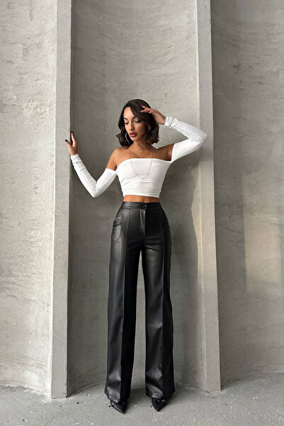 bacc Women's black faux leather palazzo pants with front seam detail bchn-2526654