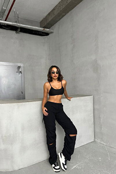 bacc Black String Slit Parachute Fabric Design Jogger Pants Bchn-25W26704