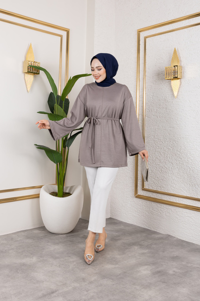 Eliva Women's Mink Belted Modal Knitted Fabric Hijab Tunic