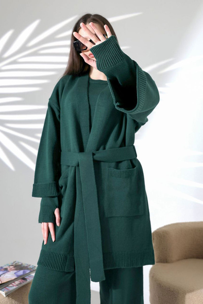bacc Khaki Crew Neck Blouse, Cardigan and Pants 3-Piece Knitwear Set Bces-252041