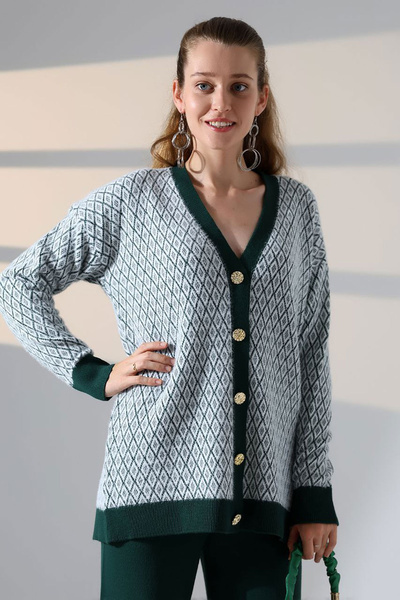 bacc Women's green v-neck button-up cardigan and pants bottom top knitwear set bces-252011