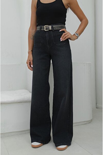 Havoş Μαύρο τζιν με τετράγωνες τσέπες στο μπροστινό μέρος και φαρδιά πόδια