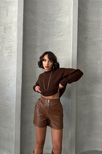 bacc Women's brown elastic waist faux leather shorts bchn-25261007