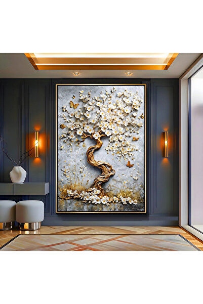 EMYA HOME Tablou pe pânză cu copac auriu, înrămat cu metal auriu