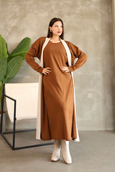 loia Kadın Tarçın Kahve Bisiklet Yaka Kışlık Triko Elbise LOİA25-5262