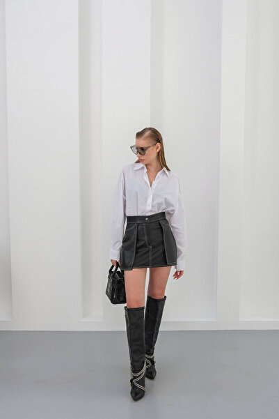 bacc Fustă scurtă neagră pentru femei cu cusături contrastante BCHN-25W260015