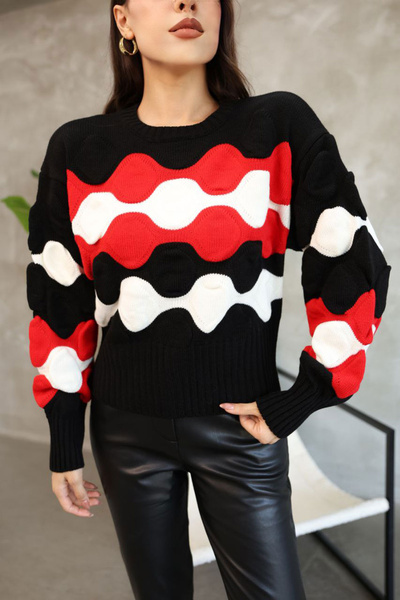 bacc سترة نسائية سوداء بياقة دائرية ونقش بارز من التريكو BCES-252034