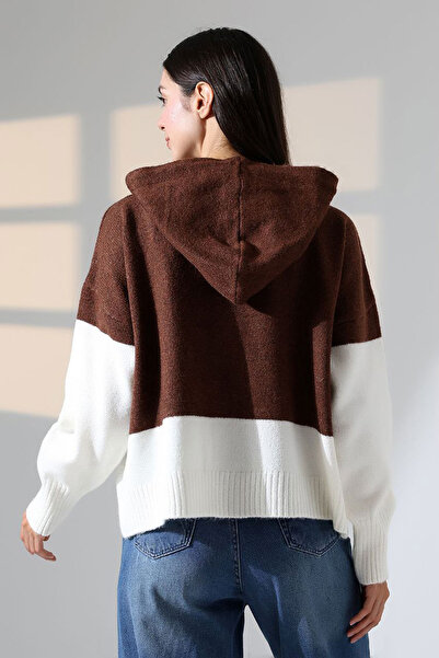 bacc Women's brown color block hooded button knit cardigan bces-252017