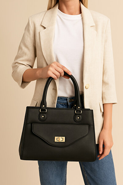 FABRİCA WEAR حقيبة يد وكتف نسائية أنيقة متوسطة الحجم من الجلد الأسود بإبزيم