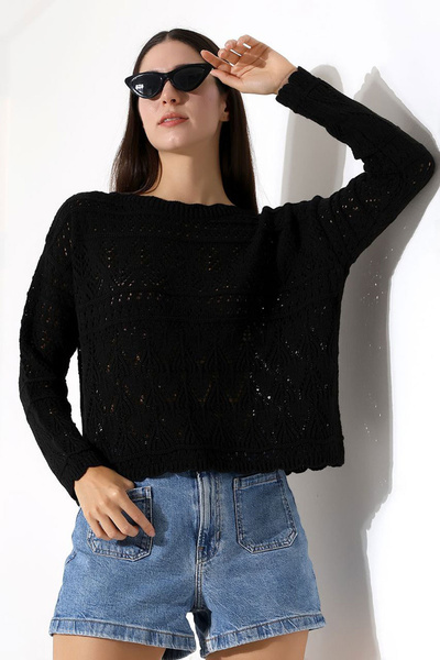 bacc Pulover de tricotat cu decolteu negru pentru femei, cu motiv din dantelă...