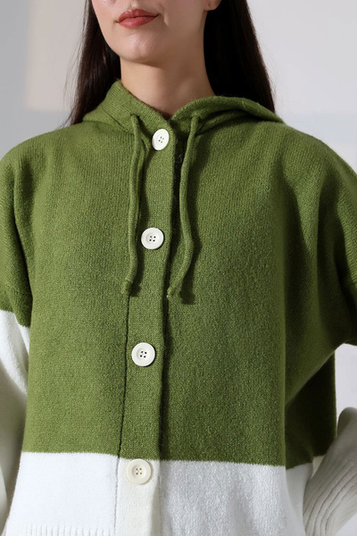 bacc Women's olive green color block hooded button knit cardigan bces-252017