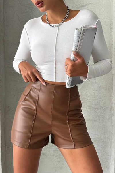 bacc Γυναικείο καφέ μίνι σορτς με ραφή από τεχνητό δέρμα BCHN-25W26312