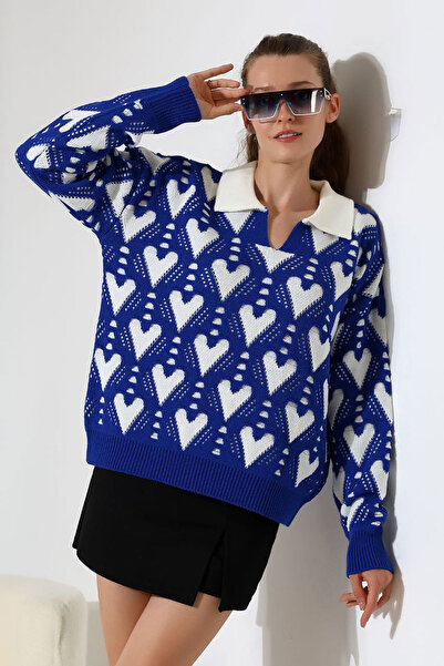 bacc Women's Saks Polo Collar Heart Patterned Knitwear Sweater