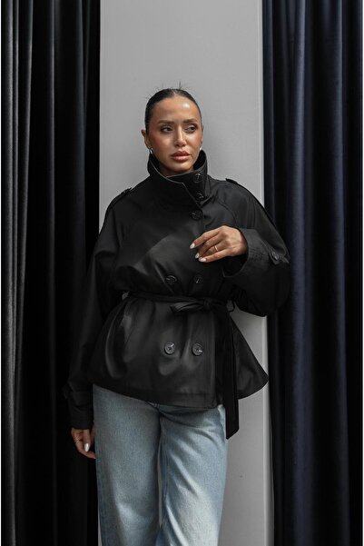 Havoş Siyah Diora Dik Yaka Kuşaklı Trençkot