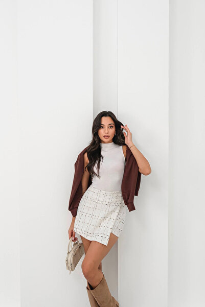 bacc Ecru-Brown 2 Button Tweed Fabric Shorts Skirt Bchn-2526414
