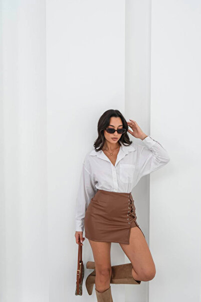 bacc Γυναικεία καφέ φούστα με λεπτομέρεια με ματιστράκια BCHN-25262028