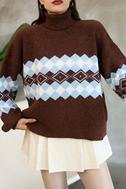 bacc Women's Brown High-Neck Patterned Knitwear Sweater