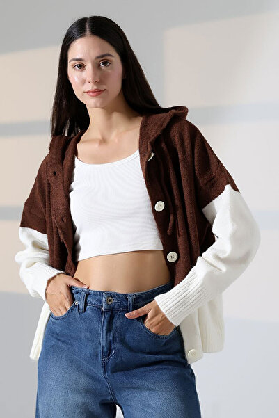 bacc Women's brown color block hooded button knit cardigan bces-252017