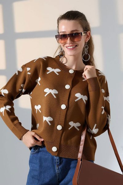 bacc Cardigan tricotat cu nasturi și model de fundă maro-scorțișor pentru femei BCES-252044