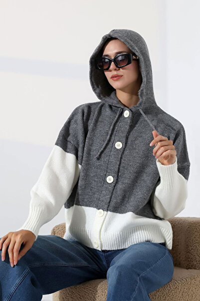 bacc Women's Grey Color Block Hooded Buttoned Knitwear Cardigan Bces-252017