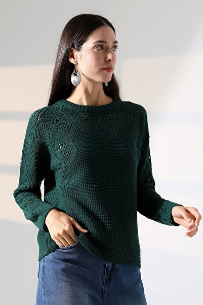 bacc Pulover tricotat kaki pentru femei, cu guler rotund, brodat cu motive, B...