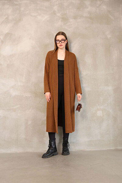 Lior Design كارديجان نسائي طويل بلون القهوة القرفة من التريكو LOİA25-5280