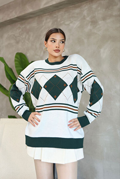 bacc Pulover tricotat verde guler rotund cu model