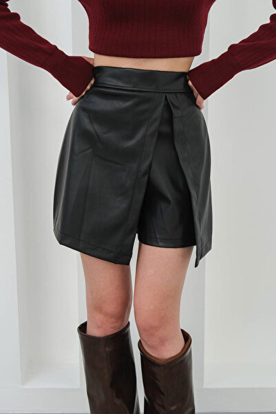 bacc Fustă neagră pentru femei, cu pantaloni scurți din piele ecologică, cu crăpături, BCHN-25W260049