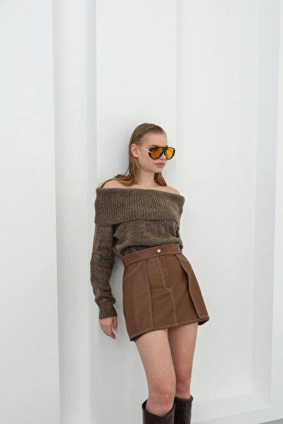 bacc Brown Contrast Stitch Detail Short Skirt Bchn-25W260015