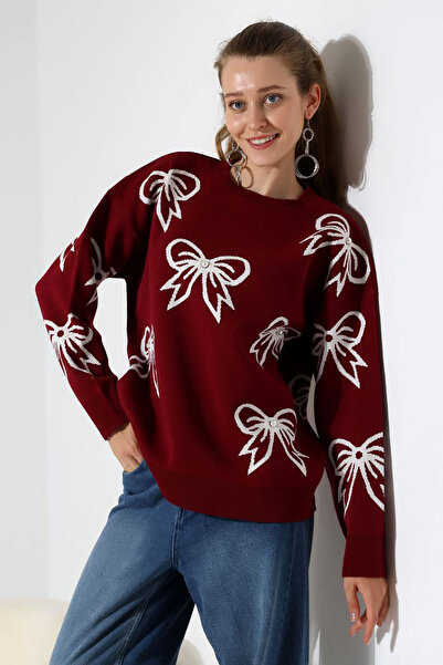 bacc سترة تريكو نسائية منقوشة بفيونكة باللون العنابي BCES-252045