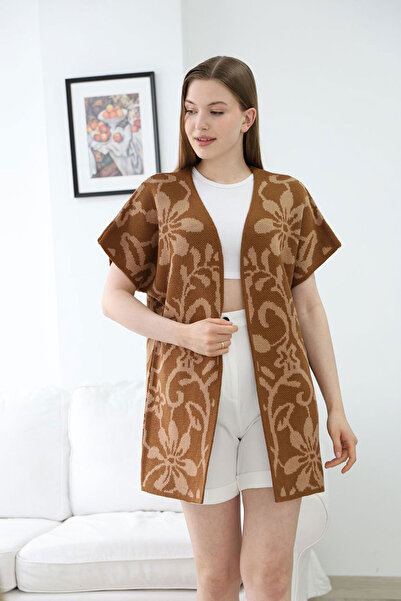 bacc Cardigan tricotat cu imprimeu și mânecă jumătate pentru femei, maro-scor...