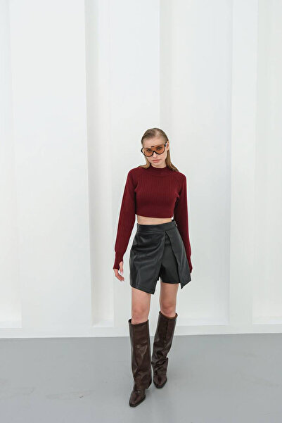 bacc Fustă neagră pentru femei, cu pantaloni scurți din piele ecologică, cu crăpături, BCHN-25W260049