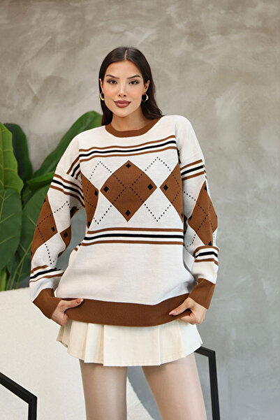 loia Pulover tricotat cu model, confortabil, maro, pentru femei LOİA25-5250