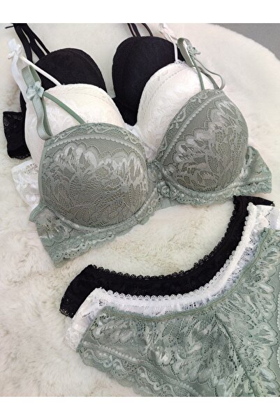 Love Angels Lace and Bow Detailed Padded Underwire Bra Panty Set 3-Piece Set - Lingerie Set