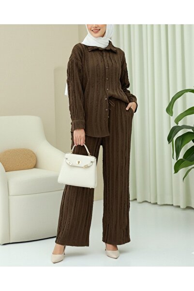 Modamorfo Textured Buttoned Vertical Stripe Pants Shirt Set - Brown