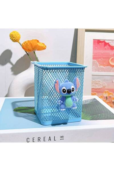 ada çanta kırtasiye Stitch figürlü masa üstü metal kare model kalemlik mavi A...