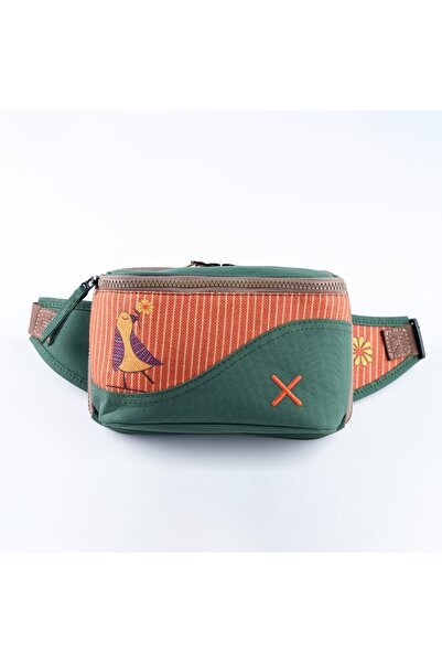pisikopat Yeşil Kuş Desenli Kanvas Unisex Göğüs ve Bel Çantası