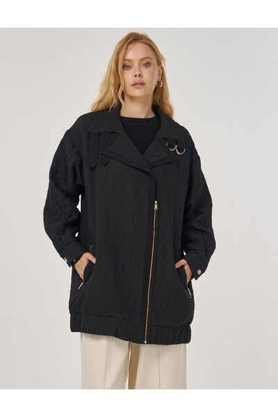Kayra Wide Collar Seersucker Jacket Black