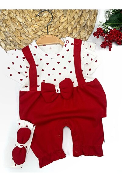 Tıfıl Libas 3-6-9-12 Months Bandana Piti Heart Printed Salopet Look 2-Piece Baby Girl Set