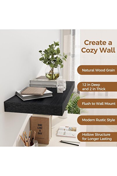 Yelajoy 1 Pcs Deep Floating Shelves,Large Extra Display Shelf,Black Wood Wide Wall Shelves,40x15x1.5cm