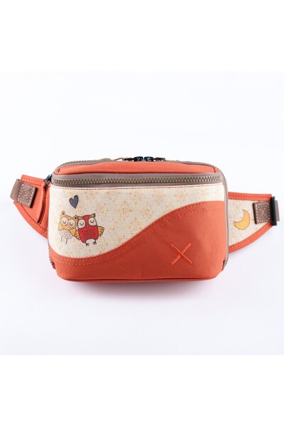 pisikopat Turuncu Baykuş Desenli Kanvas Unisex Göğüs ve Bel Çantası