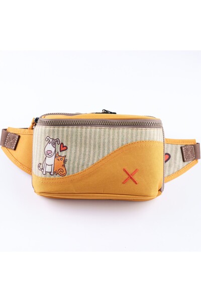 pisikopat Sarı Renkli Kedi & Köpek Desenli Kanvas Unisex Göğüs ve Bel Çantası