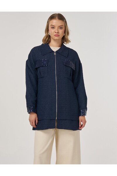 Kayra Sequined Textured Jacket Dark Navy Blue