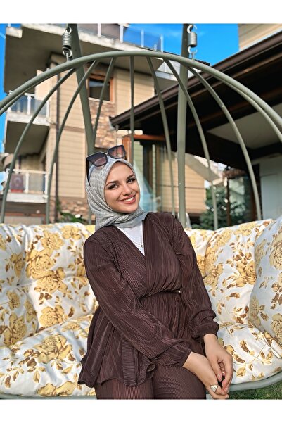 Modakaşmir Çizgisel Daire Mk Pamuk Eşarp - Gri-Füme
