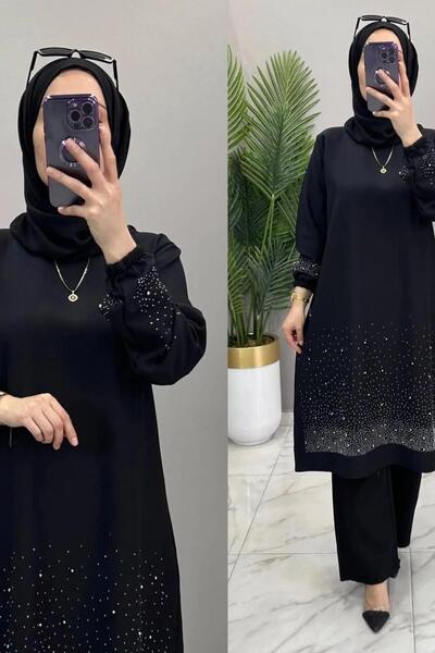 Genel Markalar TAŞ DETAY 2'Lİ MERVE TAKIM Siyah Taş Detaylı Tesettür Takım Kr...