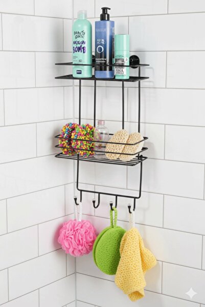 Sas Haus 2-Tier Black Hooked Bathroom Shower Shelf, Shampoo Holder, with Washcloth/Bag Hanger, Rustproof Metal Bathroom Organizer