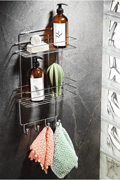 Sas Haus 2-Tier Chrome Hook Bathroom Shower Shelf, Shampoo Holder, with Washcloth/Bag Hanger, Rustproof Metal, Bathroom Organizer