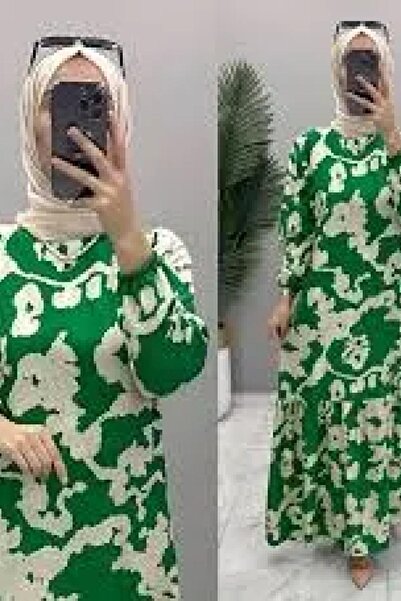 Generic Brand فستان بارلا من القطن والفسكوز للنساء، فستان إسلامي أخضر بنقشة ذ...